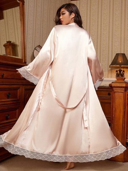 

plus 1pc satin contrast lace belted night robe d5ty#, Black;white