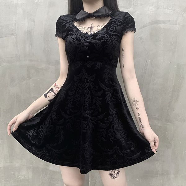 Mulher gótica vestido preto Ins All-Match Lace Boneca Collar Hollow Vestidos Verão Nova Moda Elegante Mini Vestidos 210422