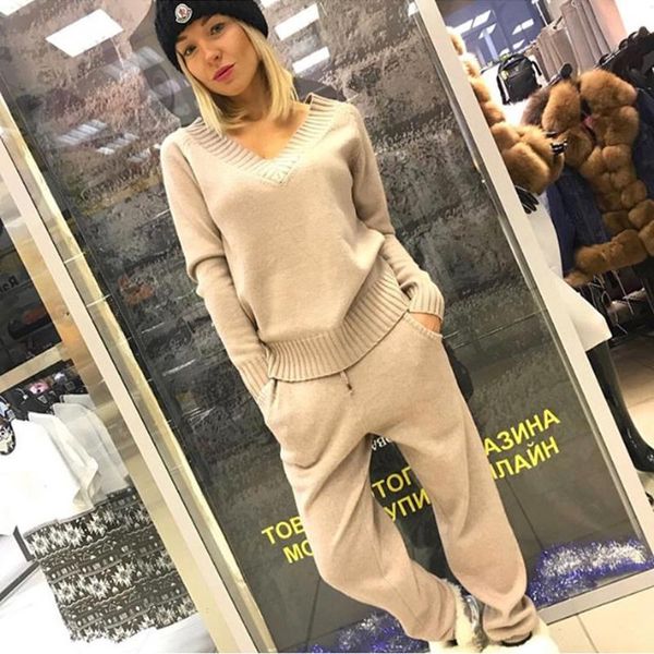 

women two piece set knitted sweater suit v neck joggers trousers lounge wear female tracksuit pullover blouse jumper spring women's pan, White
