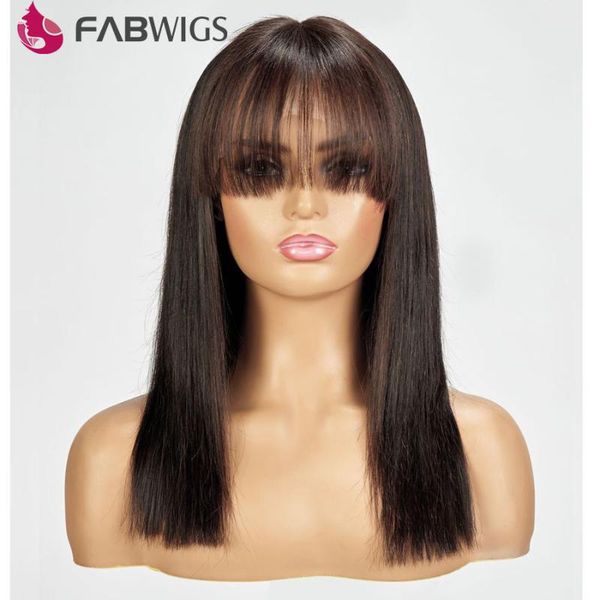

lace wigs fabwigs pre plucked with bangs peruvian straight 13x4 front wig 150% short bob bang transparent, Black;brown