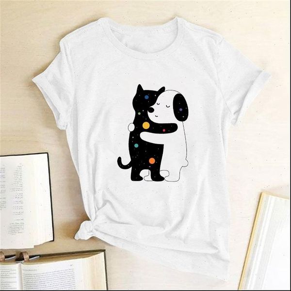 

dog hugging cat print womens t shirts harajuku funny white kawaii fashion streetwear clothes