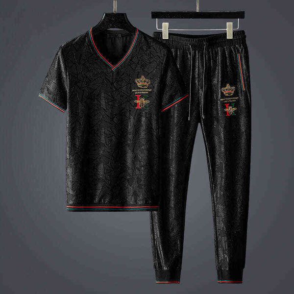 

2021 jacquard tide brand letter embroidered leisure sports suit men's loose large size matching two-piece set g1217, Gray