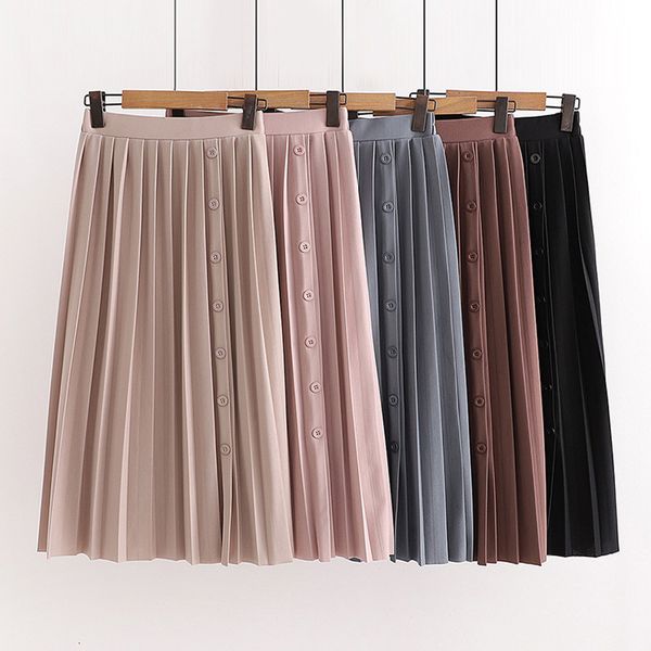

skirts spring korean slim midi pleated single breasted buttons drape a-line knee length skirts, Black
