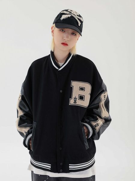 

women's jackets full print leather patchwork color block jacketswomen harajuku college style letter bomber jacket women baseball coats, Black;brown