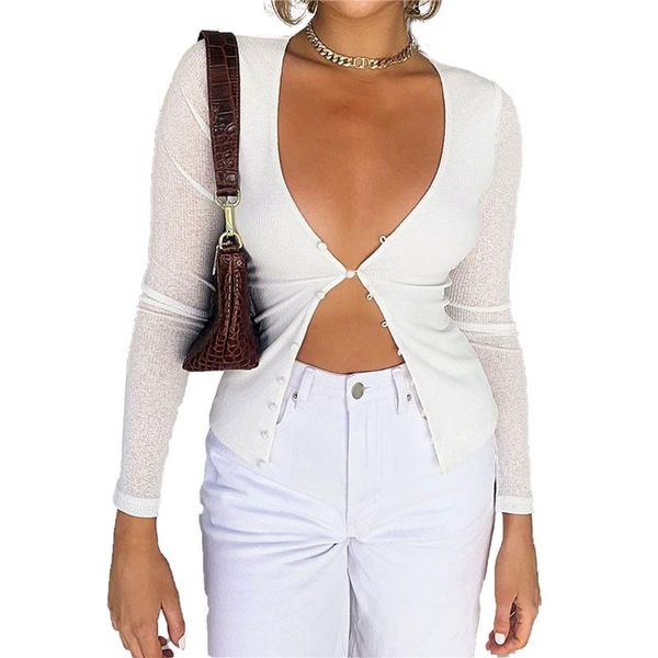 

women's t-shirt women v neck solid color shirt buttons long sleeve knitted cardigan shirts haut femme manche longue knitwear top, White