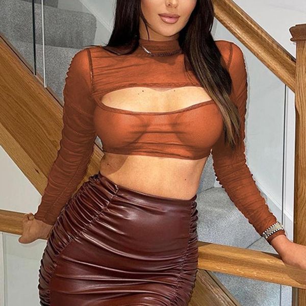 

women's t-shirt fashion mesh see-through hollow half-high collar long sleeve brown, White