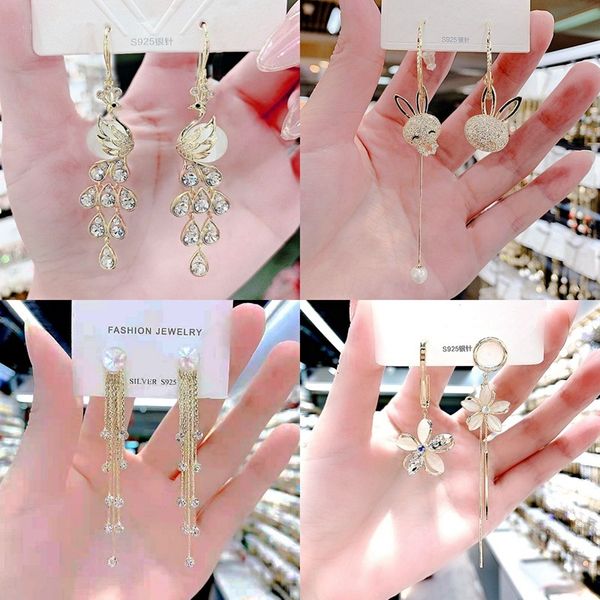 

temperament tassel long pearl rhinestone earrings female korean high-grade bow geometric, Golden
