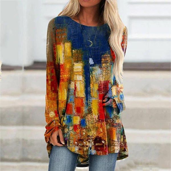 

women's blouses & shirts harajuku streetwear women retro color block printing casual long sleeve o-neck pullover blusas mujer de moda, White