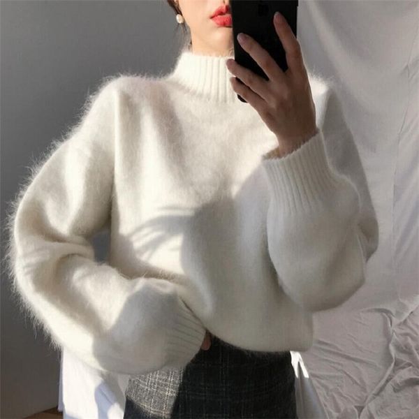 Turtleneck branco suave mohair camisola mulheres solta outono outono inverno morna pulôver preguiçoso cashmere 210420