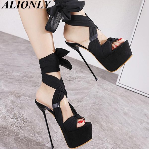 

lace-up gladiator sandals for women 2021 summer ankle strap platform high heels pumps 16cm, Black