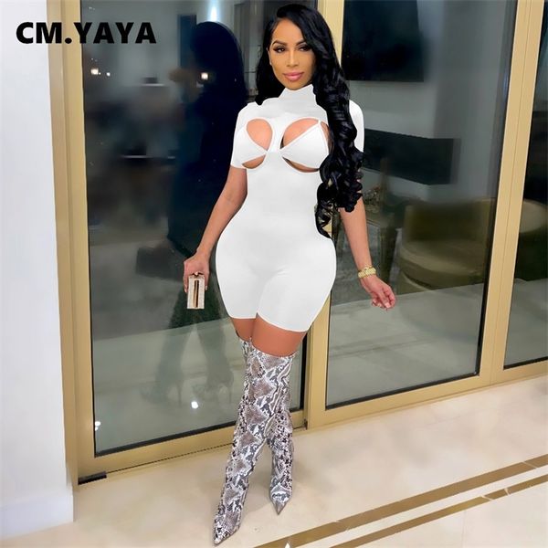 

cm.yaya cut out playsuit bodycon rompers for women short sleeve jumpsuit with bra club party active summer outfit, Black;white