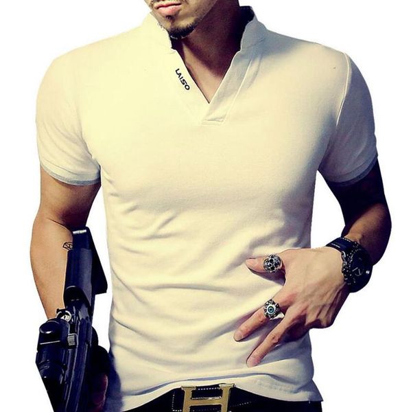 

men's polos v neck t shirt 2021 summer fashion solid short sleeve men laiso print collar slim fit mens tees, White;black