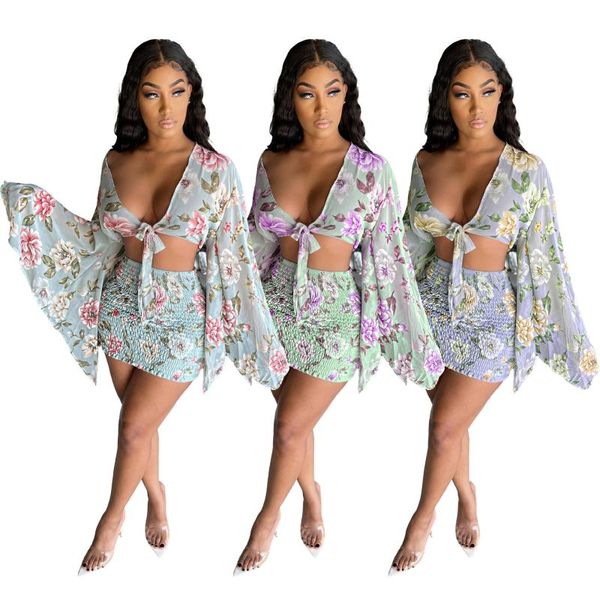

women's swimwear excellent transparent mesh metting printed beach horn sleeve set occident chiffon blouse skirt, White;black