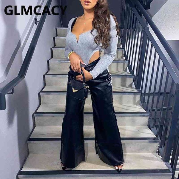 

women pu leather wide leg pants chic loose trousers 210702, Black;white