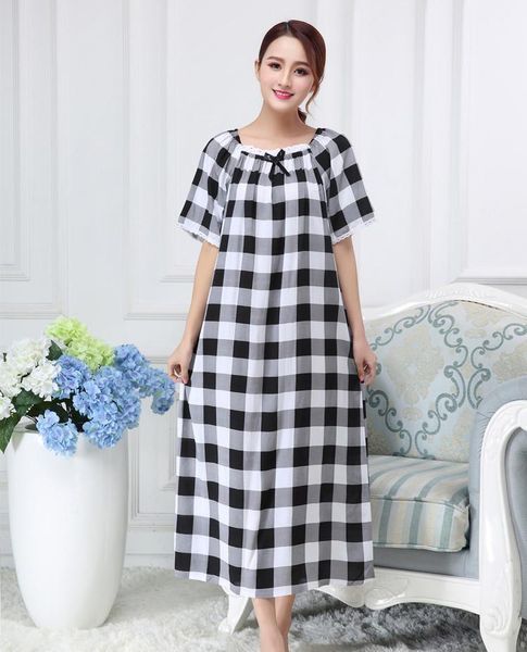 

loose cotton nightgown womens sleepwears plaid bow sleep shirt overisze xxl girl lingerie home robe gown elegant night, Black;red