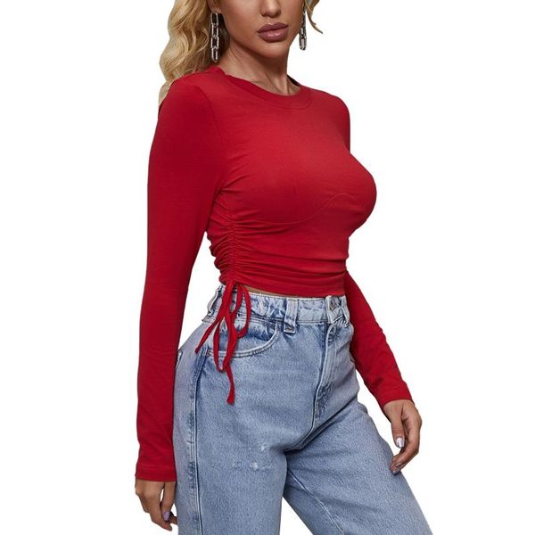 

women's t-shirt drawstring elasticity slim women solid long sleeve spring autumn t shirt o neck pullovers female tees, White