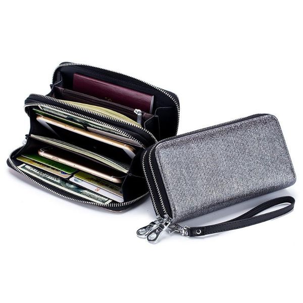 

wallets genuine leather double zipper wallet ladies long large capacity women clutch bag bling phone card holder, Red;black