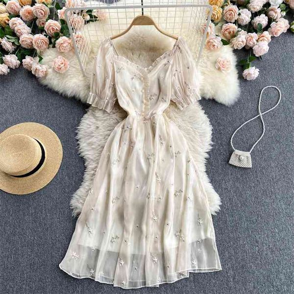 

summer dress retro vestidos female embroidery small flower ears v-neck slim puff sleeve midi gl019 210506, Black;gray