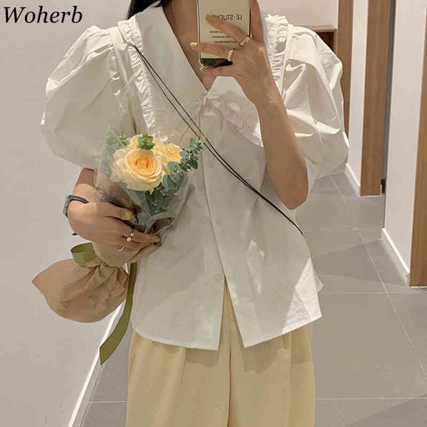 

short puff sleeve vintage blouse women casual solid korean chic summer sweet cute blusas elegant button shirt 210417, White