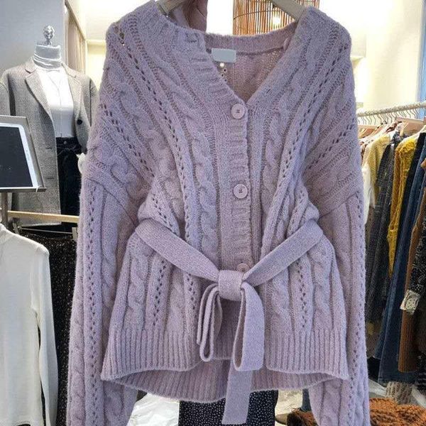 

women's knits & tees dongdamen, south korea, autumn and winter 2021 sweater cardigan coat flower buckle waist wear lazy wind, White
