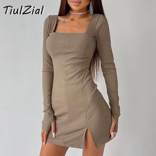

casual dresses tiulzial ribbed knitted mini short dress high waist long sleeve autumn winter women party bodycon club solid 2021, Black;gray