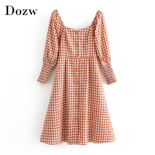 

women elegant plaid dress puff sleeve knee length dresses lady single breasted square collar midi dress vestidos mujer 210414, Black;gray