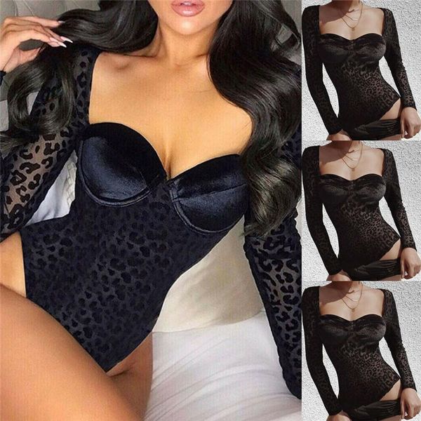 

women's jumpsuits & rompers u-shape neck bodysuit women leopard print body femme womens jumpsuit leotard high stretch for 2021, Black;white