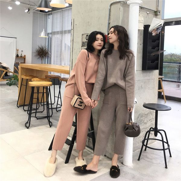 

two piece dress autumn spring wool knitted tracksuit o-neck sweatshirt women suit clothing 2 set knit pant female pants sweater f1382 ramb, White
