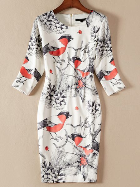 

casual dresses female print birds hemmed in neck 3/4 dressed 9uze, Black;gray