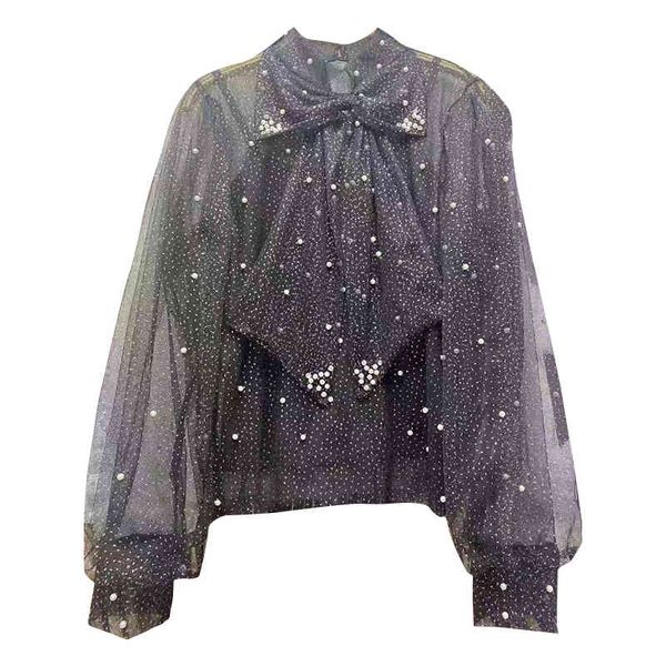 

women fashion beaded mesh basic tulle hollow out ruffles blouse lady bow collar flare sleeve blouses sweet shirt b3049 210514, White