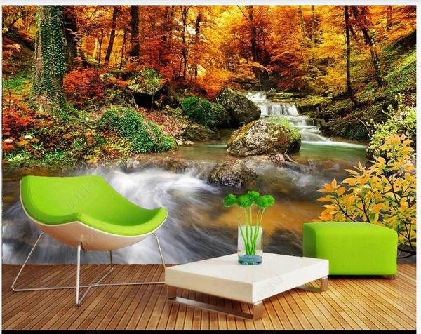Photo Photo Wallpapers 3D Murales Wallpaper Modern Golden Autumn Autumn Forest Waterfall Cascata Telefono Sfondo Parete Carta da parete Decorazione della casa