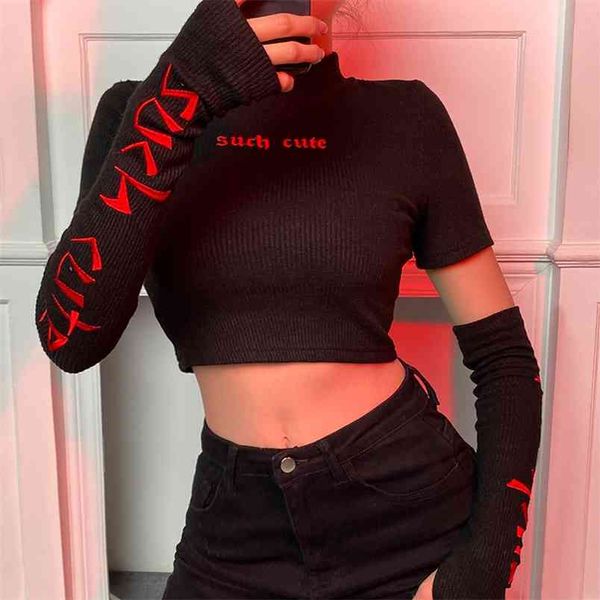 

ribbed knit letter embroidery long sleeve black y2k cropped fashion women's t-shirts casual tee shirts streetwear 210510, White