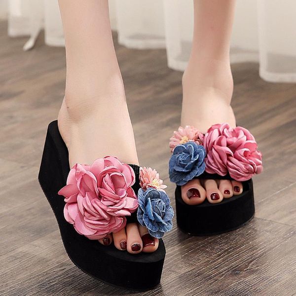 

slippers high-heeled female summer flowers outside thick-soled anti-slip sandals and holiday beach shoes woman, Black