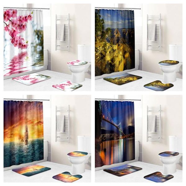 

bath accessory set 3d natural lake waterproof fabric men's and women's bathroom curtain shower cover non slip carpet toilet mat