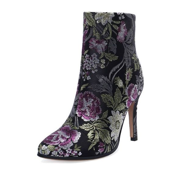 

high heel boots brand designer large size women flower embroidery, Black
