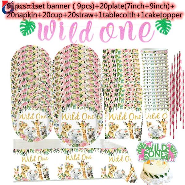 

disposable dinnerware 1set pink wild one girl 1st birthday party theme tableware paper plates cup jungle safari supplies baby shower kids de