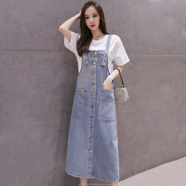 

casual dresses s-5xl women denim summer fashion single-breasted loose sleeveless straight long straps 7py3, Black;gray