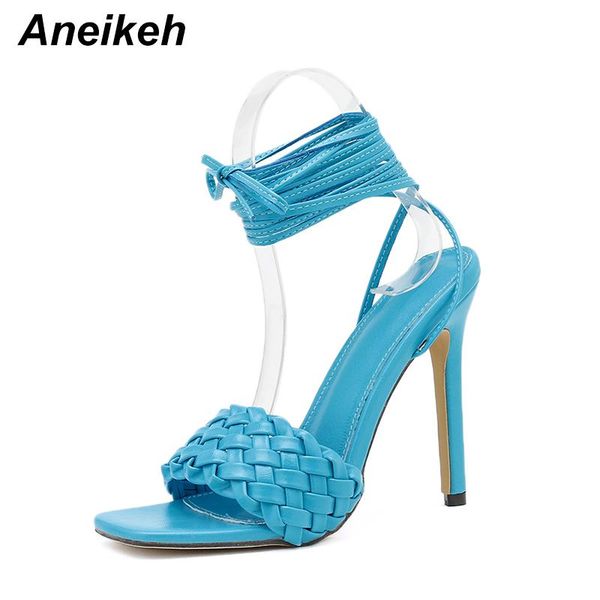 

aneikeh fashion open toe cross-strap gladiator pu weave sandals women shoes stilettos high heels summer party blue, Black