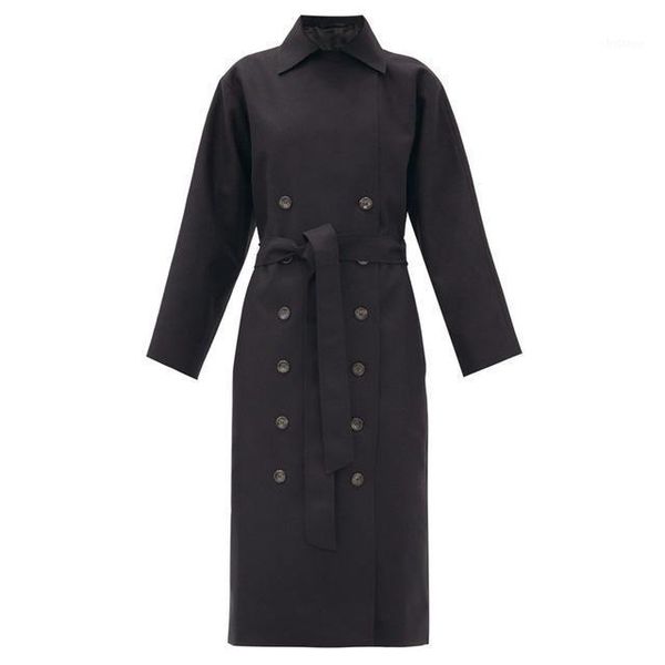

wool blend double breasted women long coat sashes turn-down collar lady autumn winter women's & blends, Black