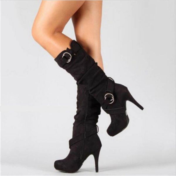 

boots women high heel female winter plush zipper solid color platform buckle fashion mid calf, Black
