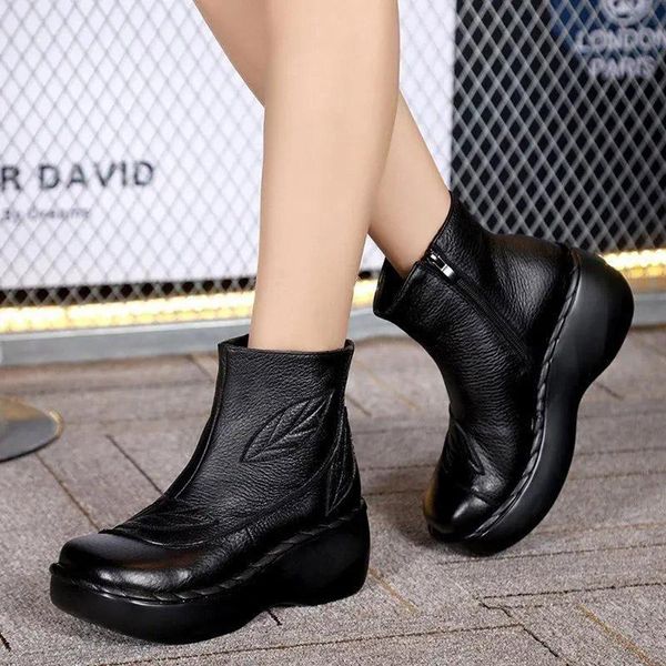 

boots national style women's original handmade short retro flowers leather sponge cake with thick-soled, Black