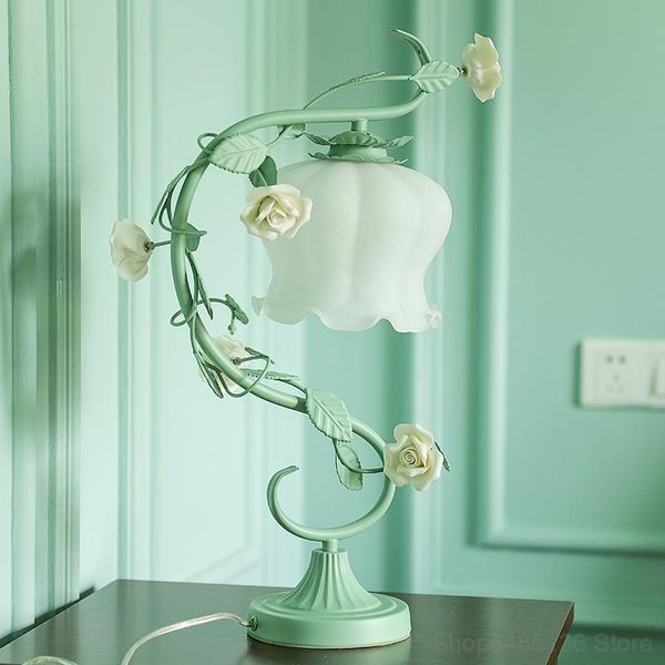 

table lamps european green vintage rose lamp for bedroom metal flower living room light art deco girl bedside fixture