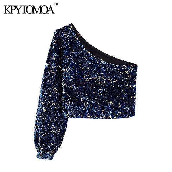 

vintage one shoulder sequined blouses women fashion long sleeve side zipper stretchy female shirts chic crop 210420, White