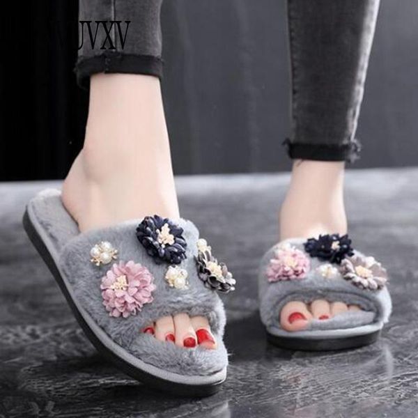 

slippers winter women cotton small flowers rhinestones women's shoes non-slip warm home flip flop casual indoor flat sh614, Black