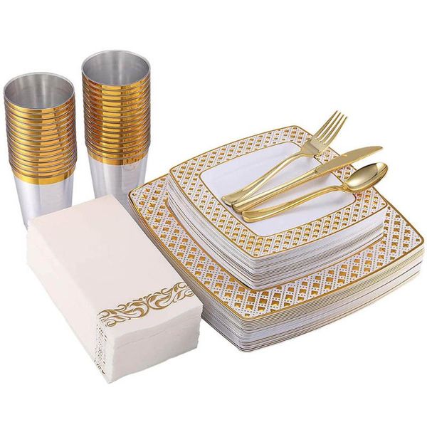 

disposable dinnerware 125pcs gold/rose gold cutlery set caccommodate 25 people square bronzing plate tableware party decoration