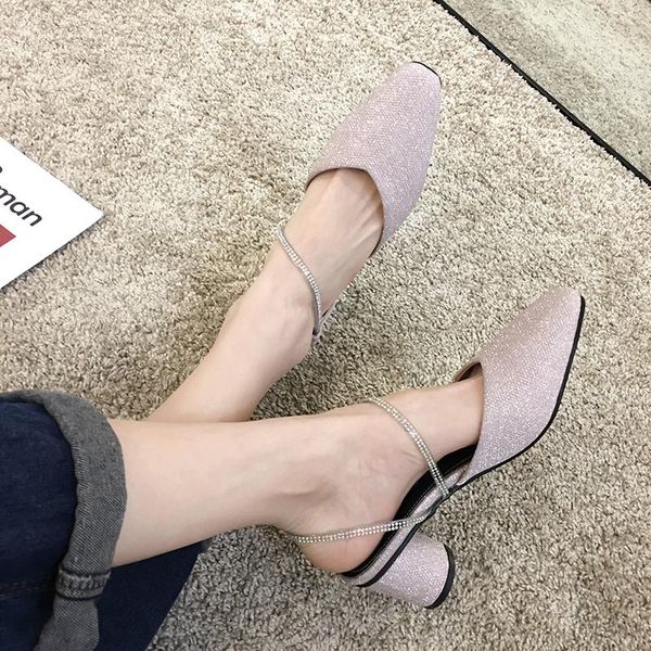 

women's shoes sandals 2021 spring fashion pointy shiny thick heels, Black