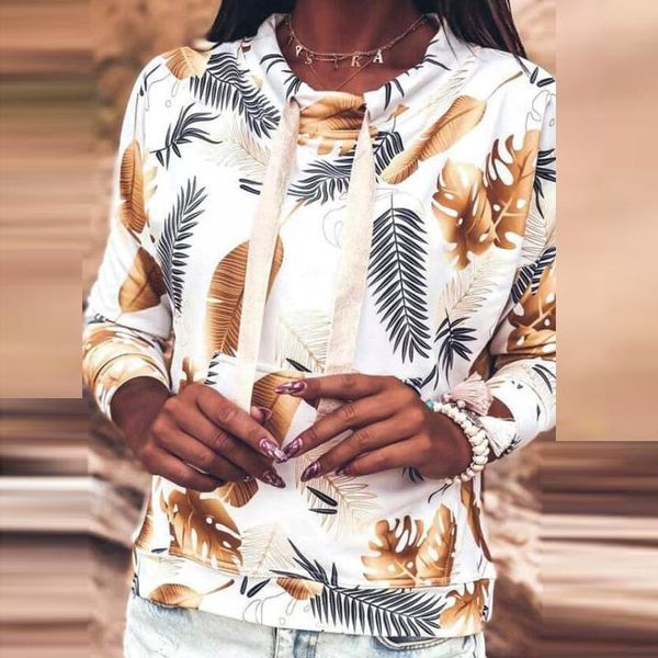 

autumn retro leaves print drawstring hoodies sweatshirt 2021 women elegant o-neck pullover ladies casual long sleeve hoodie women's &, Black