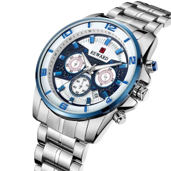 

wristwatches reward luxury mens watches brand men's casual sport quartz 24 hour date watch steel strap military wrist male clock, Slivery;brown