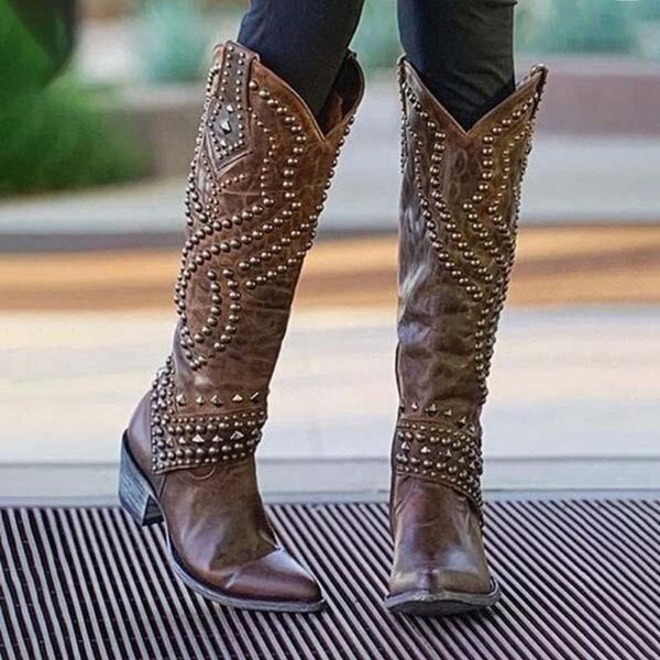 

boots retro women riding pu leather autumn winter fashion trend pointed rivet high-end v-mouth square heel kz018, Black