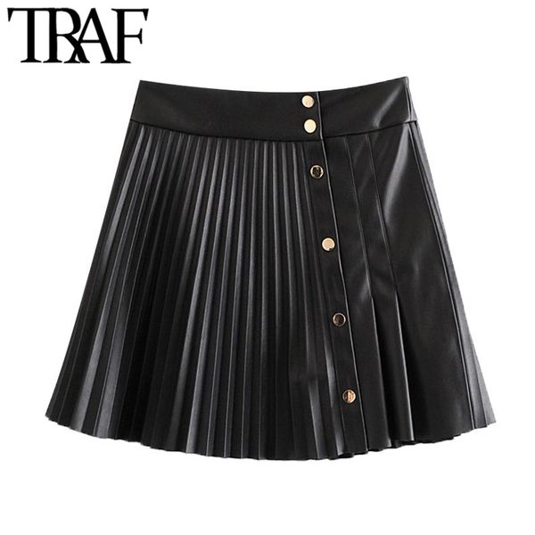 

traf women chic fashion pleated faux leather mini skirt vintage with metal snap buttons female skirts mujer 210415, Black